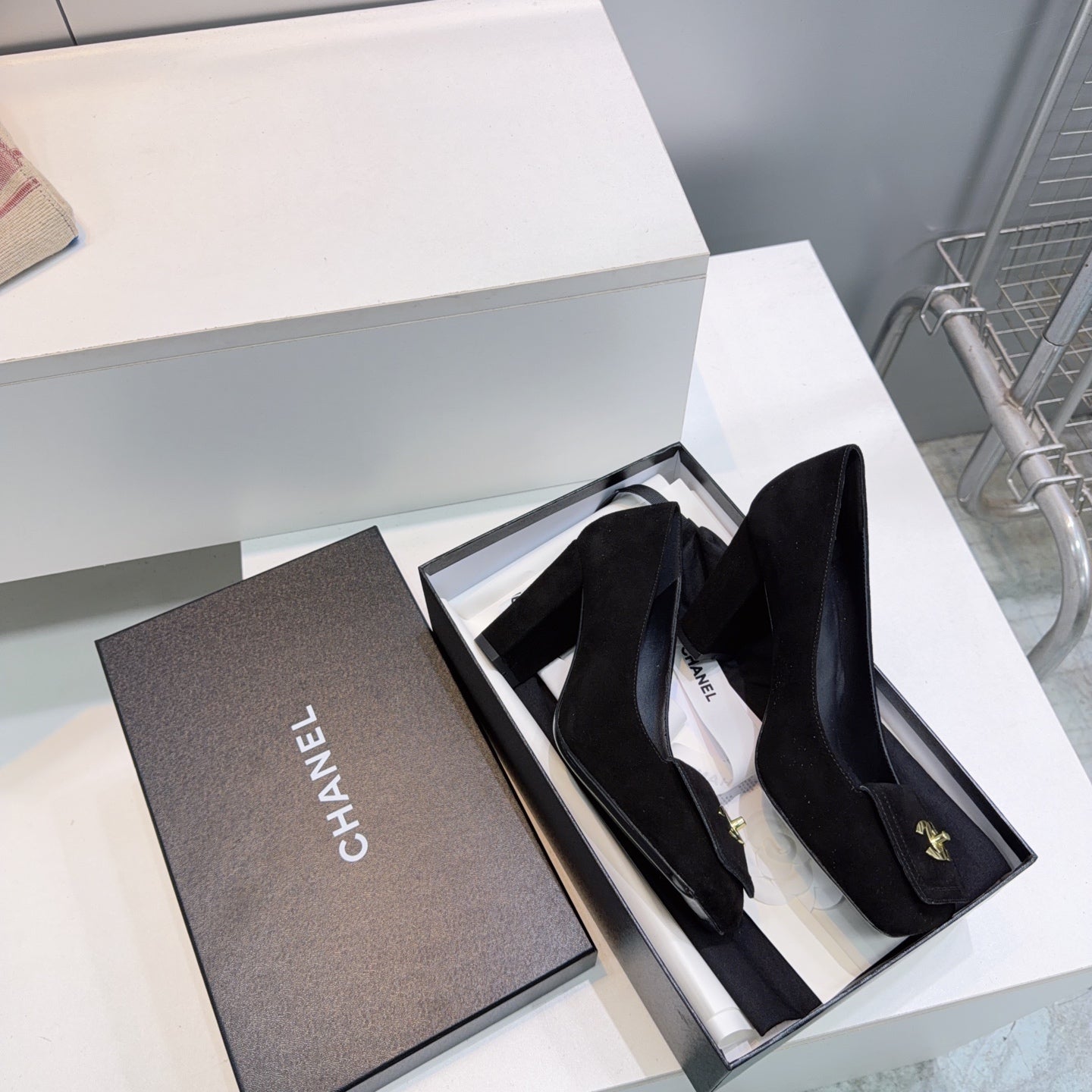 CHANEL 26S SQUARE-TOE HIGH HEELS 95 MM IN BLACK SUEDE mysite