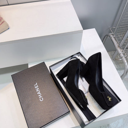 CHANEL 26S SQUARE-TOE HIGH HEELS 95 MM IN BLACK SUEDE mysite