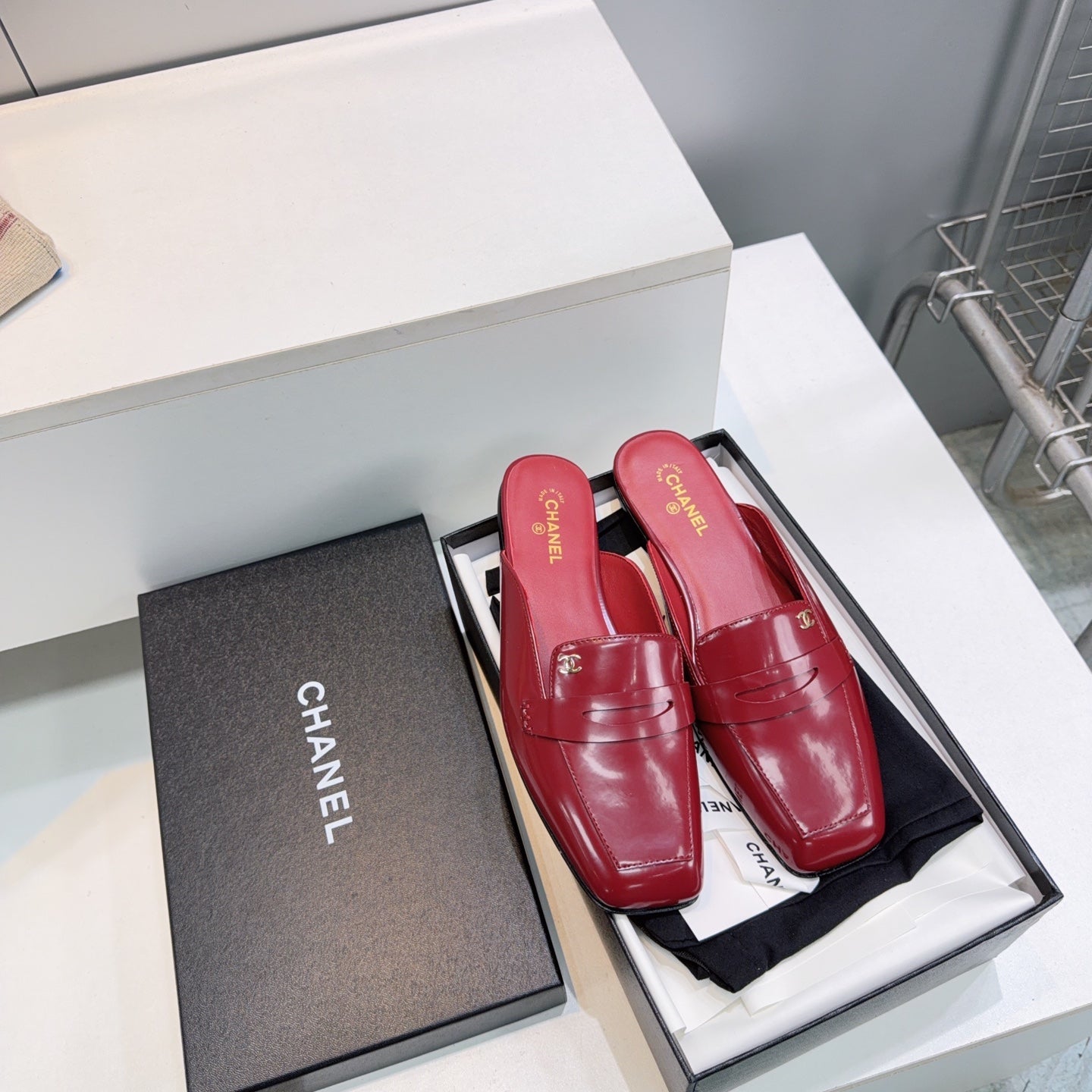 CHANEL 26S LOAFER MULES IN BURGUNDY PATENT LAMBSKIN mysite