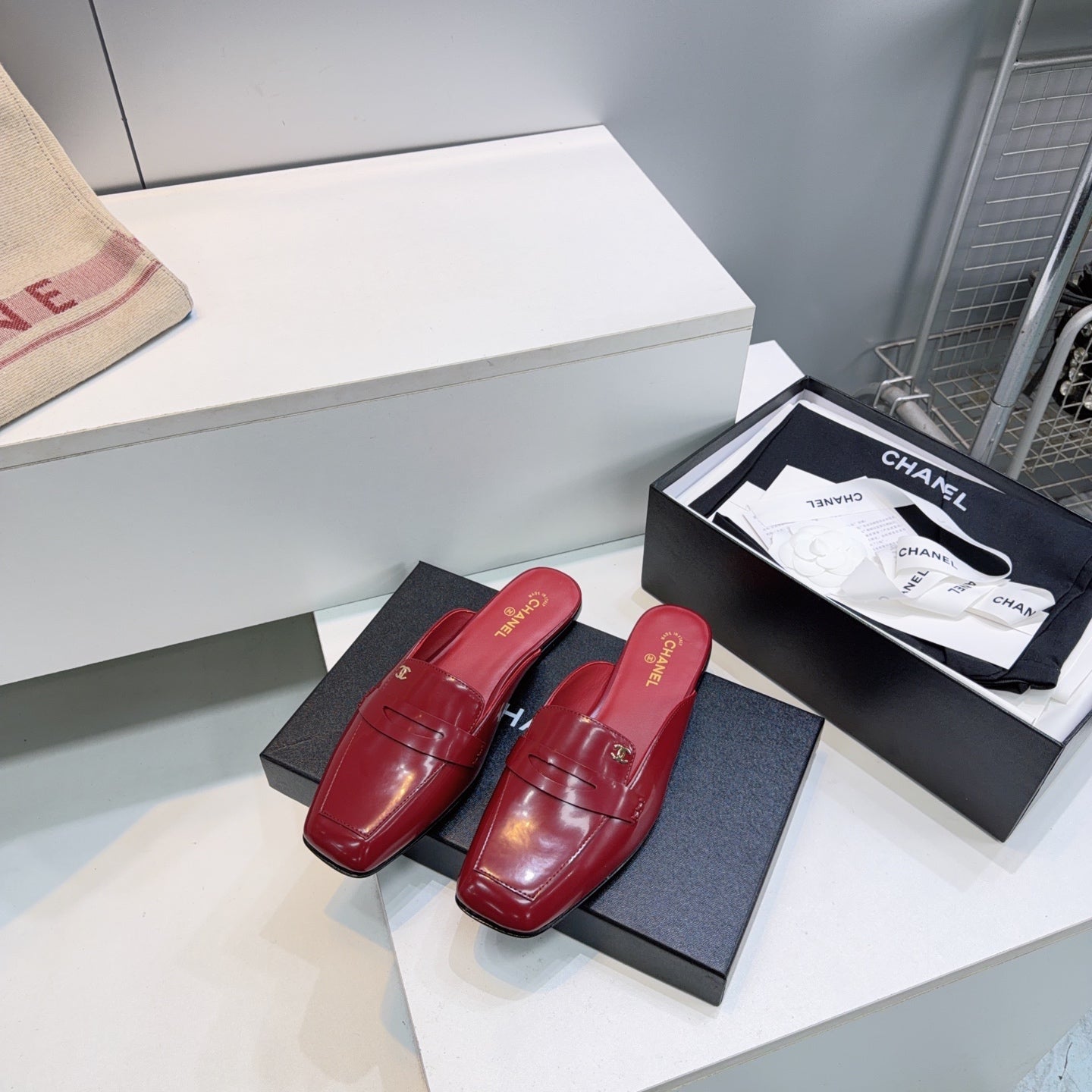 CHANEL 26S LOAFER MULES IN BURGUNDY PATENT LAMBSKIN mysite