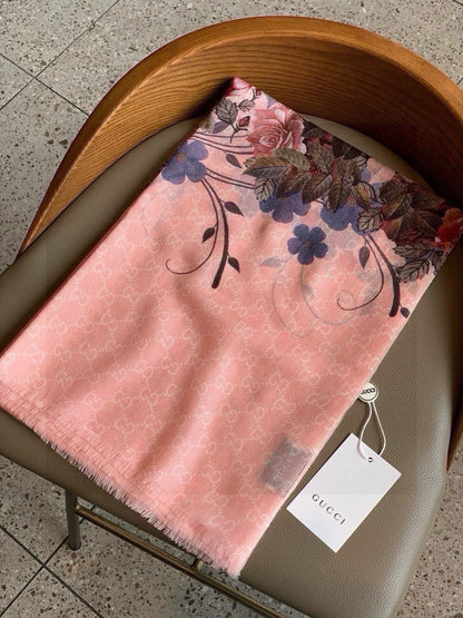 SCARF 200 CM IN BLUSH PINK CASHMERE WITH COLORFUL FLOWER 405253 mysite