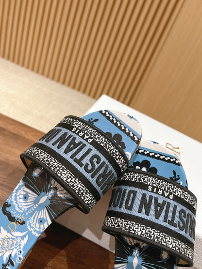 DIOR 26S SLIDE SANDALS IN BLUE FLORAL PRINT LOGO STRAP mysite