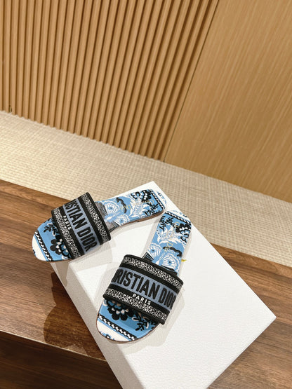 DIOR 26S SLIDE SANDALS IN BLUE FLORAL PRINT LOGO STRAP mysite