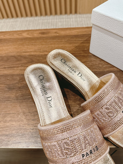 DIOR 26S D-CLUB EMBROIDERED HEELED SLIDES IN ROSE GOLD mysite