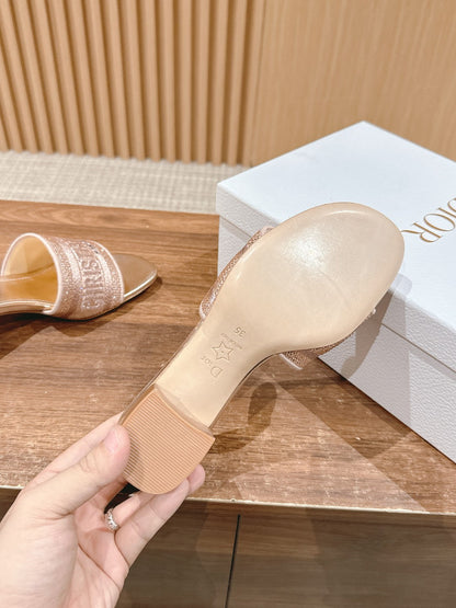 DIOR 26S D-CLUB EMBROIDERED HEELED SLIDES IN ROSE GOLD mysite