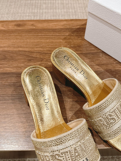 DIOR 26S D-CLUB EMBROIDERED HEELED SLIDES IN GOLD mysite