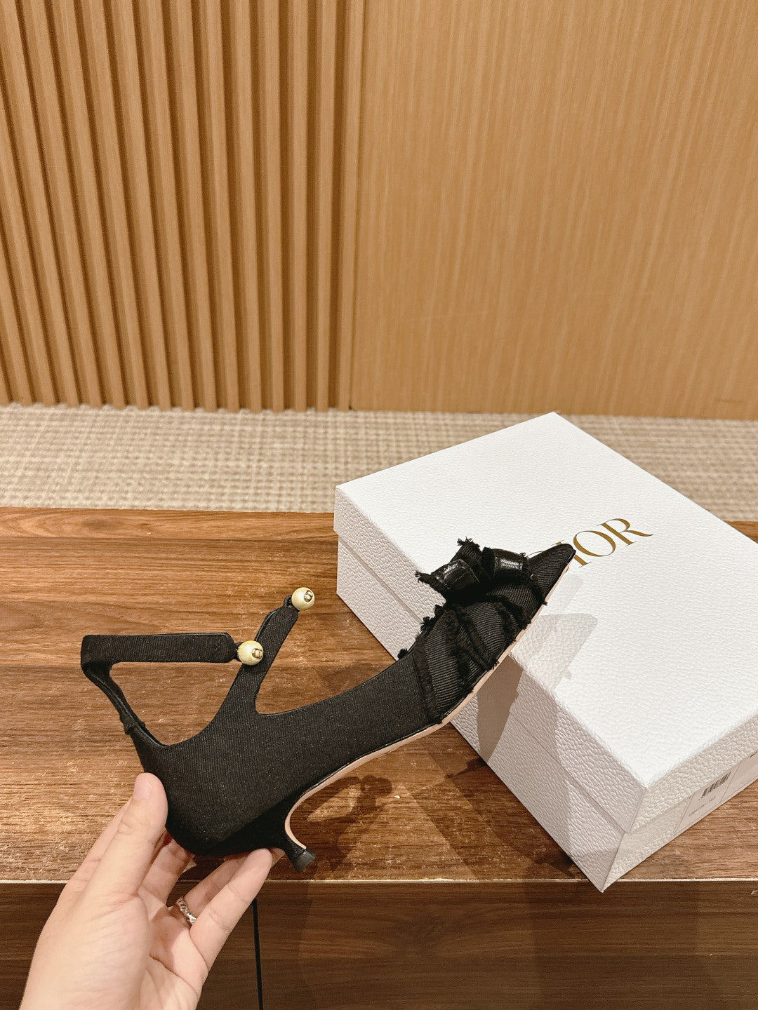 DIOR ADIORABLE HIGH HEEL 25S IN BLACK FABRIC WITH PEARL DETAILING mysite