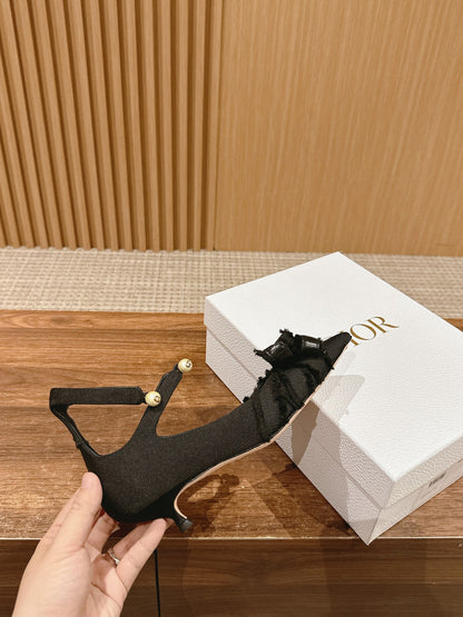 DIOR ADIORABLE HIGH HEEL 25S IN BLACK FABRIC WITH PEARL DETAILING mysite