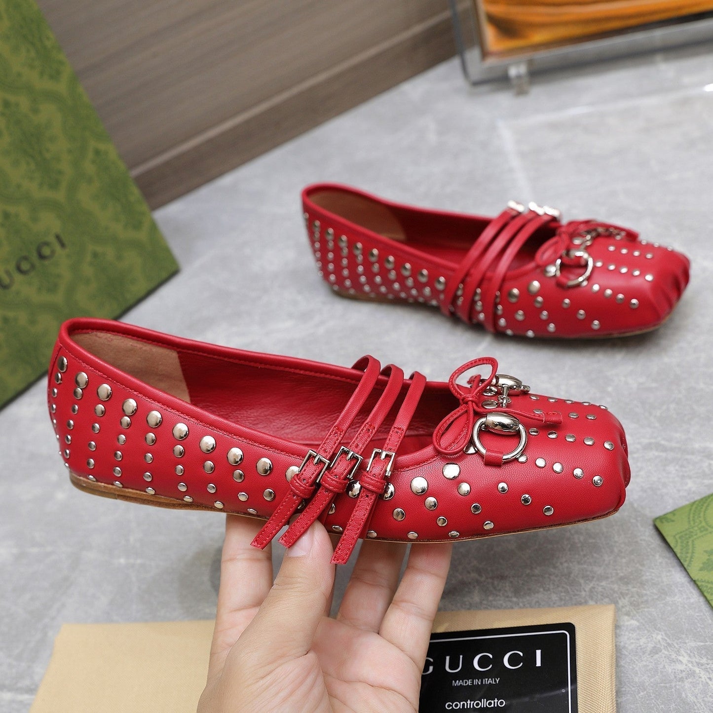 GG HORSEBIT BALLET FLAT RED HORIZONTAL STRAPS LAMBSKIN mysite