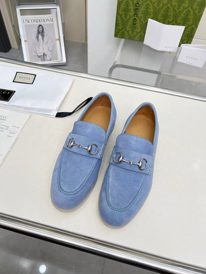 LOAFERS WITH SILVER HARDWARE IN CORNFLOWER BLUE SUEDE mysite