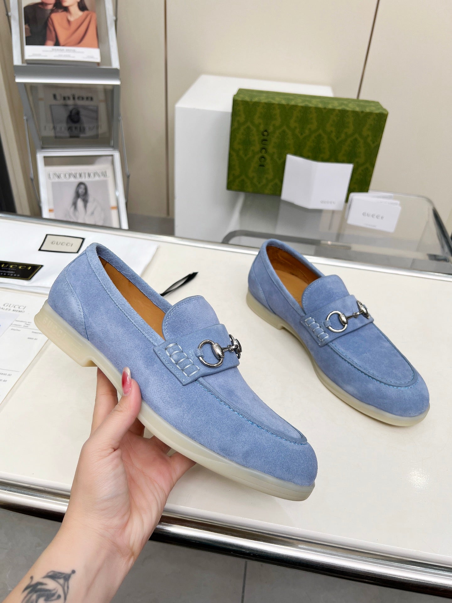 LOAFERS WITH SILVER HARDWARE IN CORNFLOWER BLUE SUEDE mysite