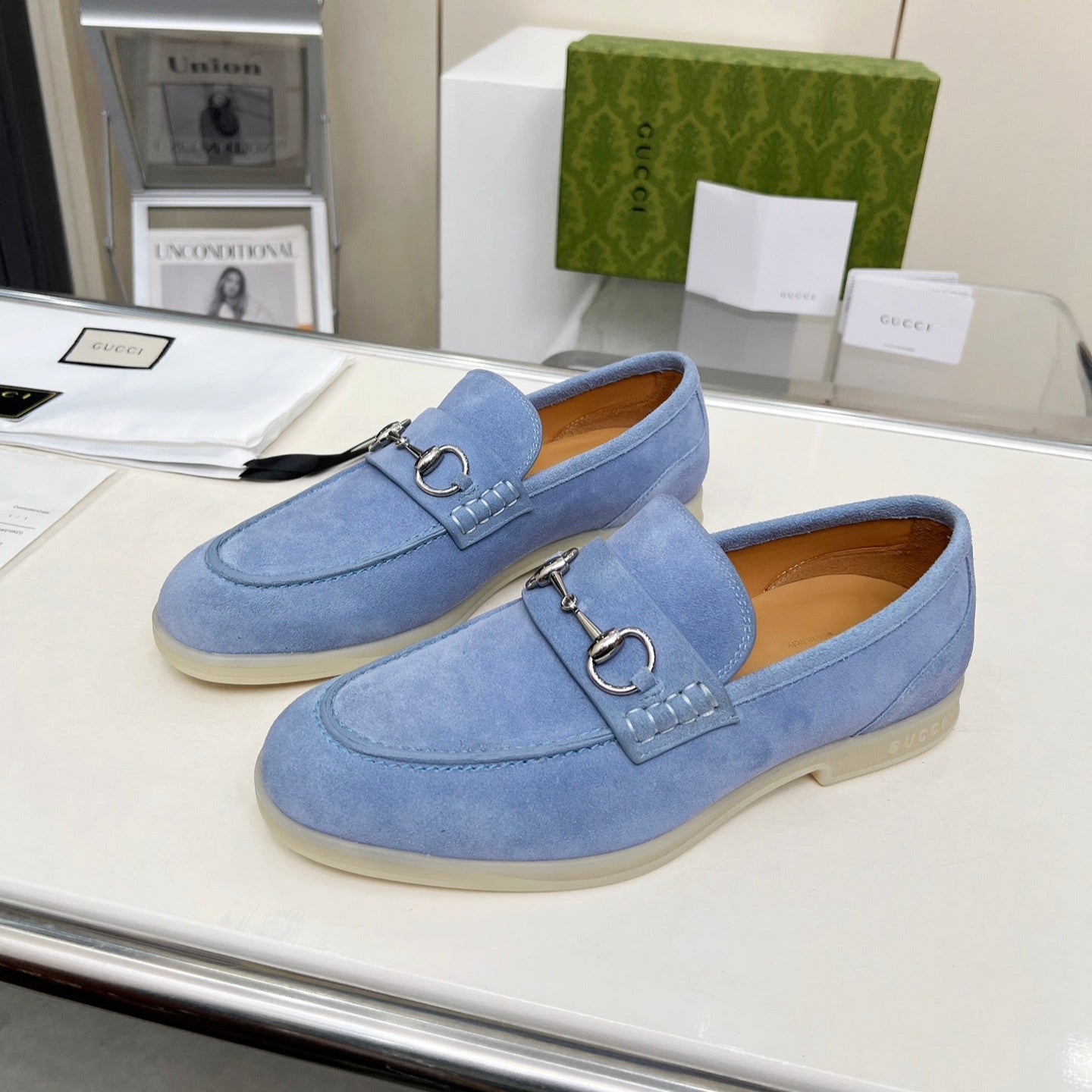 LOAFERS WITH SILVER HARDWARE IN CORNFLOWER BLUE SUEDE mysite