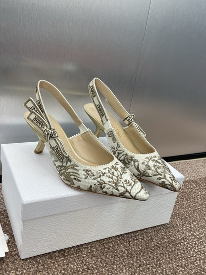 J'ADIOR HIGH SLINGBACK PUMP WHITE AND GOLD-TONE MILLEFIORI JACQUARD 65 MM mysite