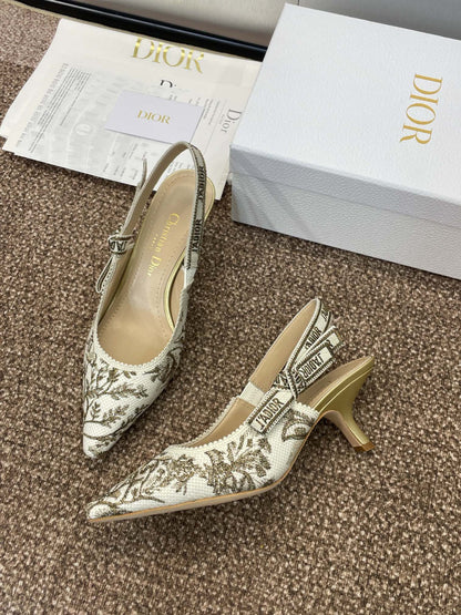 J'ADIOR HIGH SLINGBACK PUMP WHITE AND GOLD-TONE MILLEFIORI JACQUARD 65 MM mysite