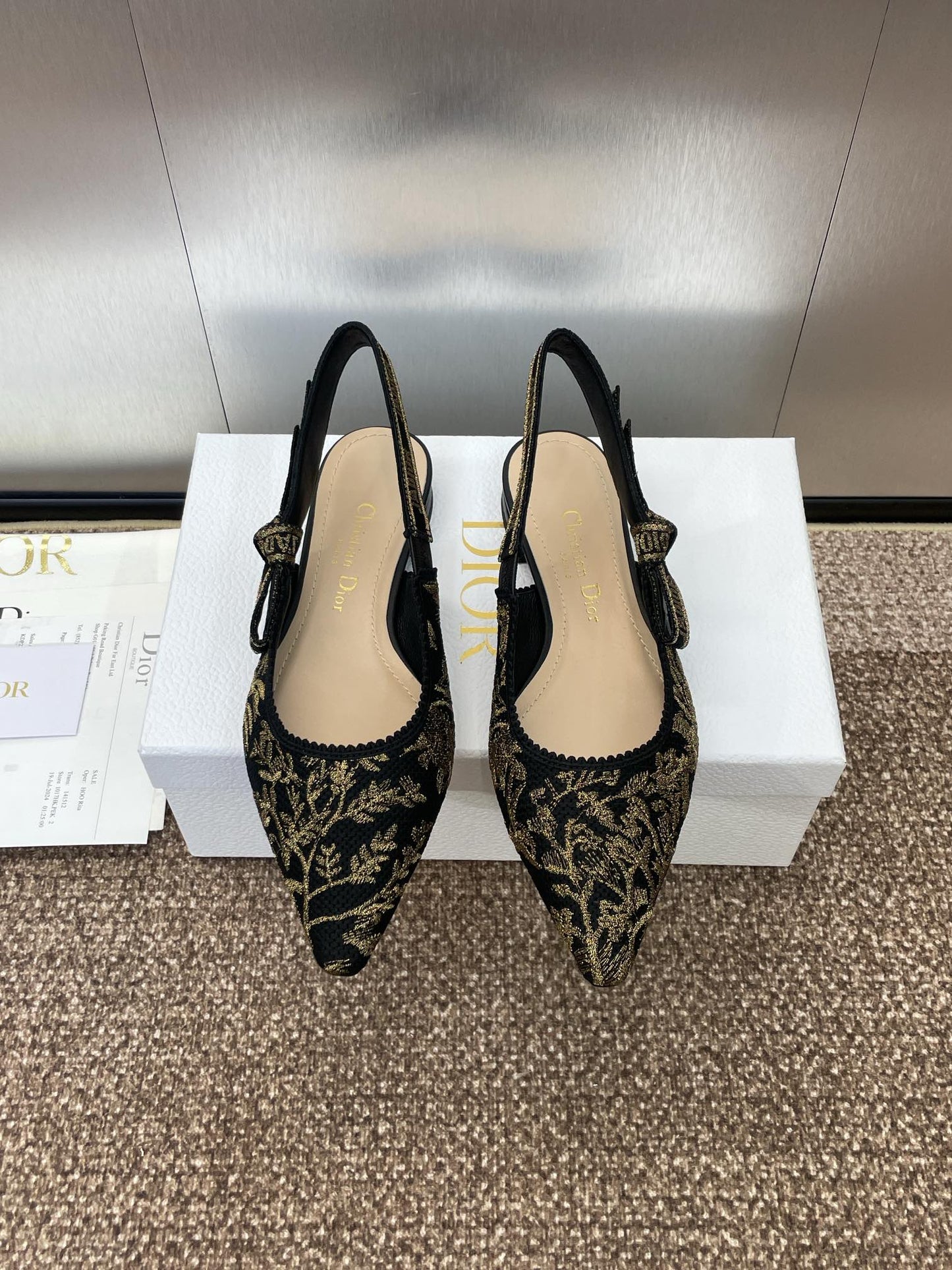 J'ADIOR SLINGBACK PUMP BLACK AND GOLD-TONE MILLEFIORI JACQUARD mysite