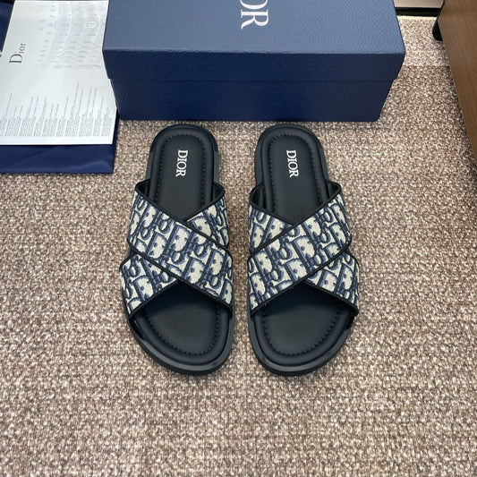 DIOR 25S ALIAS CROSS-STRAP SLIDES IN BLACK CALFSKIN WITH CD OBLIQUE DEEP BLUE LOGO mysite