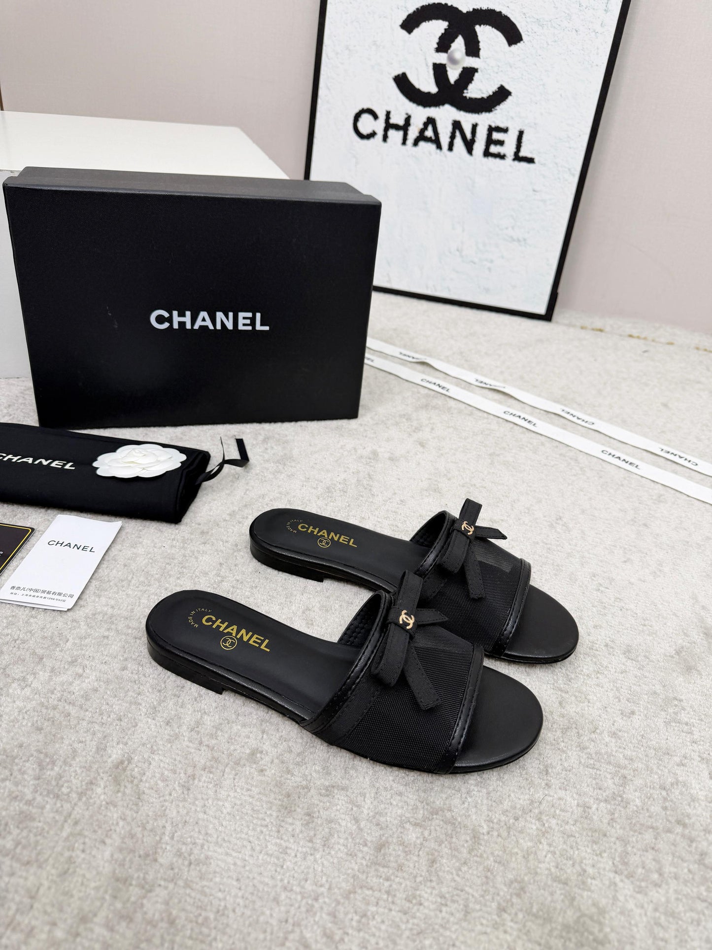CHANEL 26S SLIDE SANDALS IN BLACK MESH AND CALFSKIN WITH RIBBON mysite