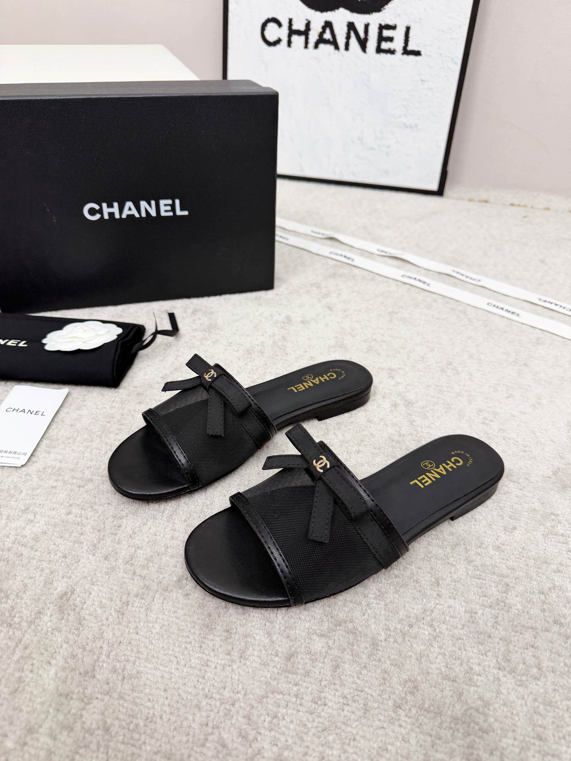CHANEL 26S SLIDE SANDALS IN BLACK MESH AND CALFSKIN WITH RIBBON mysite
