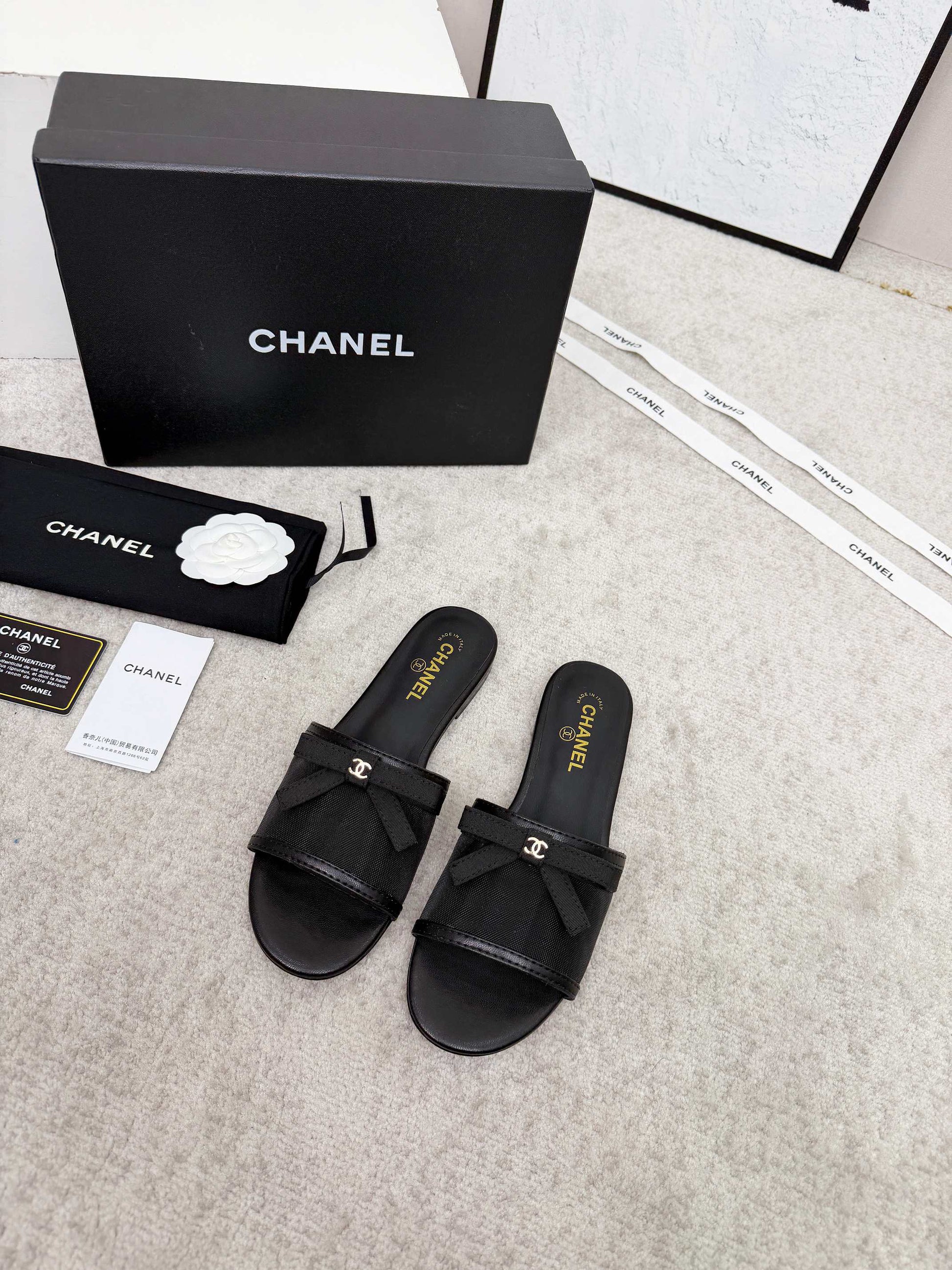 CHANEL 26S SLIDE SANDALS IN BLACK MESH AND CALFSKIN WITH RIBBON mysite