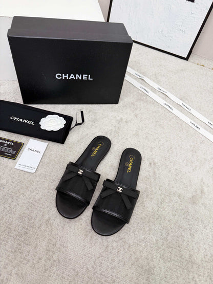CHANEL 26S SLIDE SANDALS IN BLACK MESH AND CALFSKIN WITH RIBBON mysite