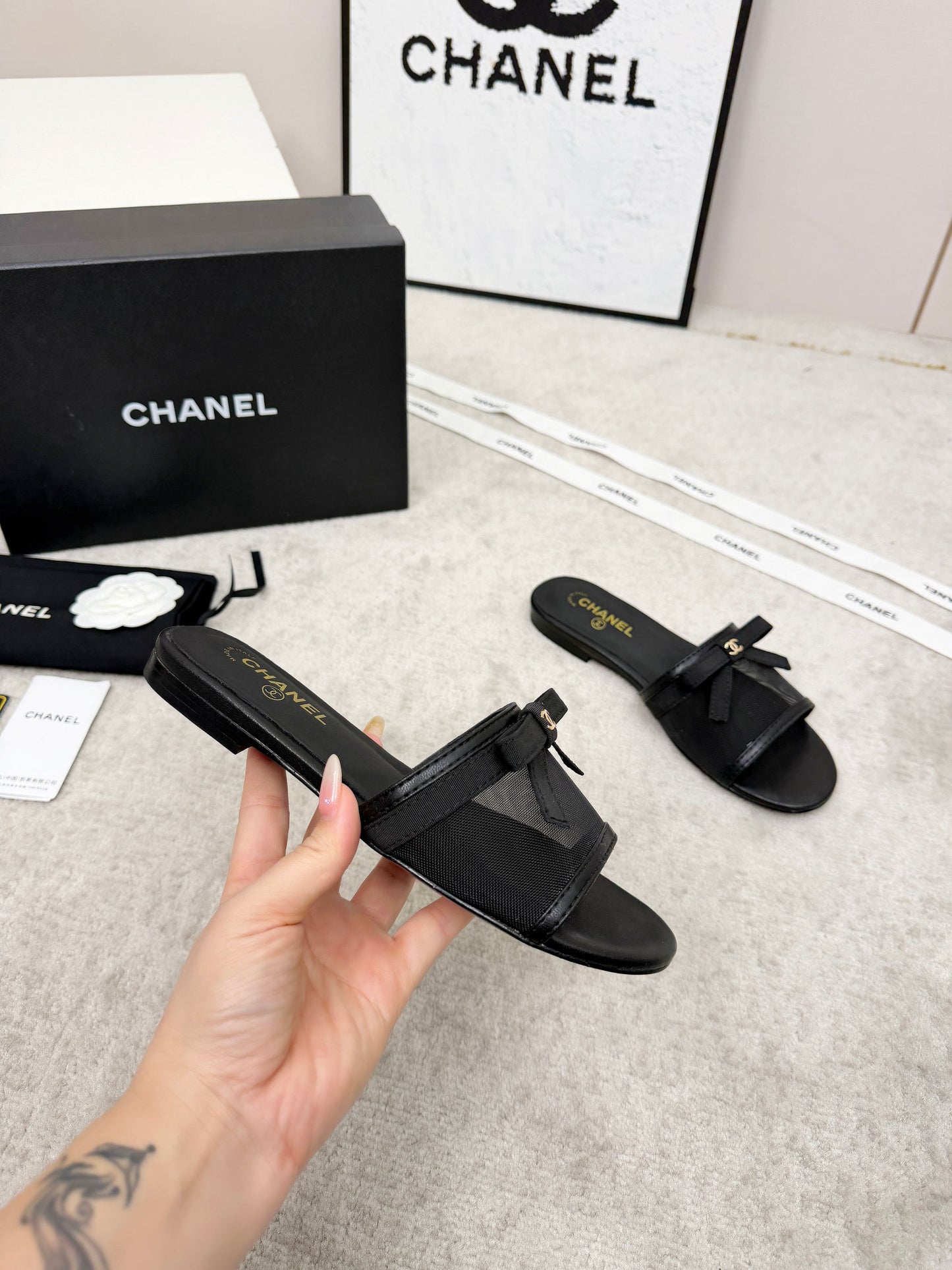 CHANEL 26S SLIDE SANDALS IN BLACK MESH AND CALFSKIN WITH RIBBON mysite
