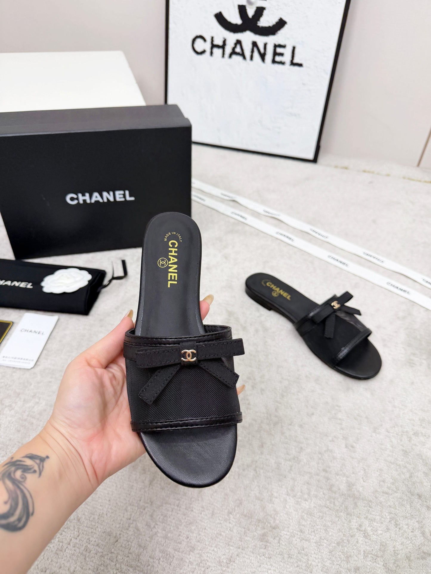 CHANEL 26S SLIDE SANDALS IN BLACK MESH AND CALFSKIN WITH RIBBON mysite