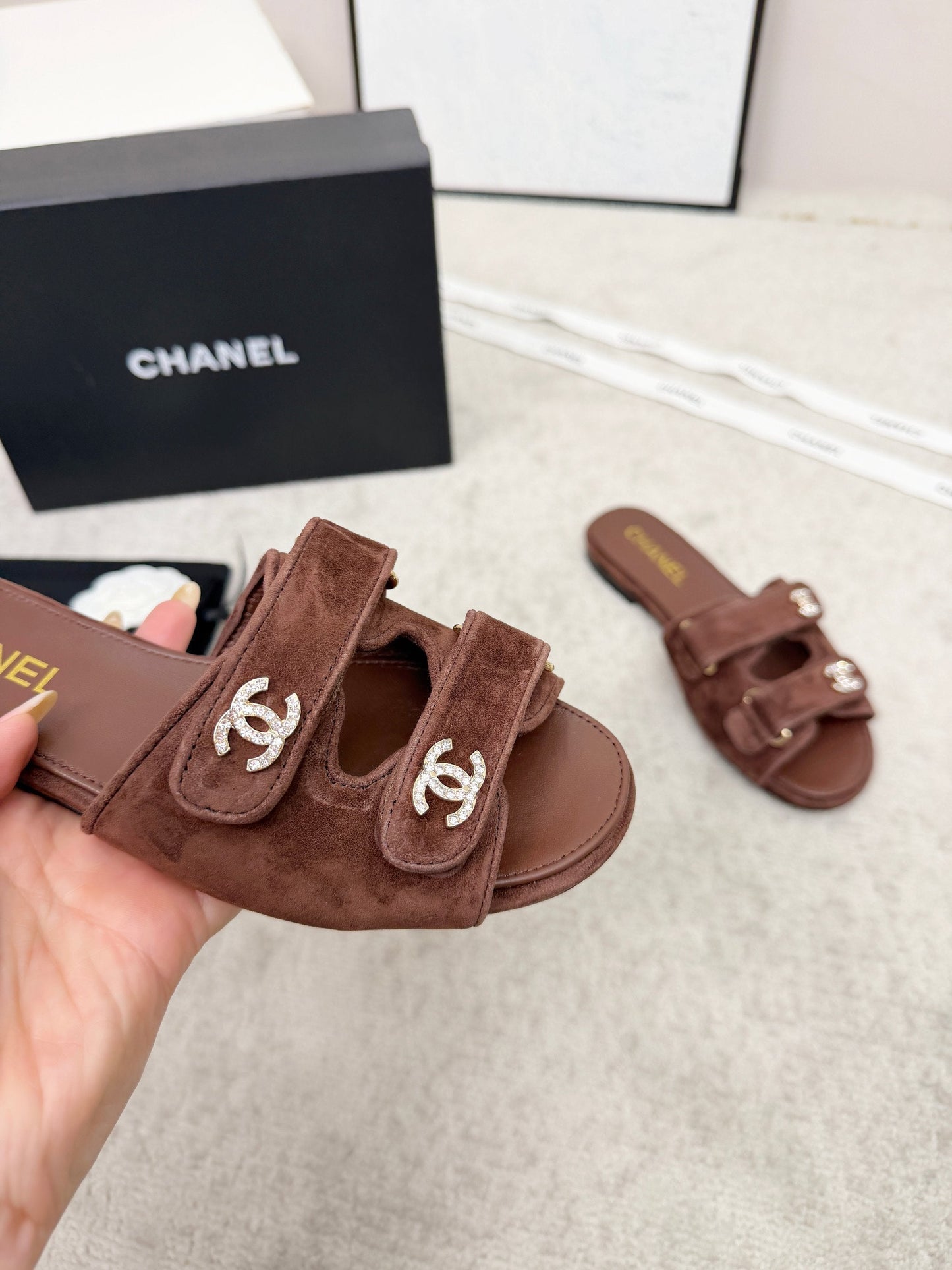 26S DOUBLE STRAP SLIDE SANDALS IN BROWN SUEDE AND CALFSKIN mysite
