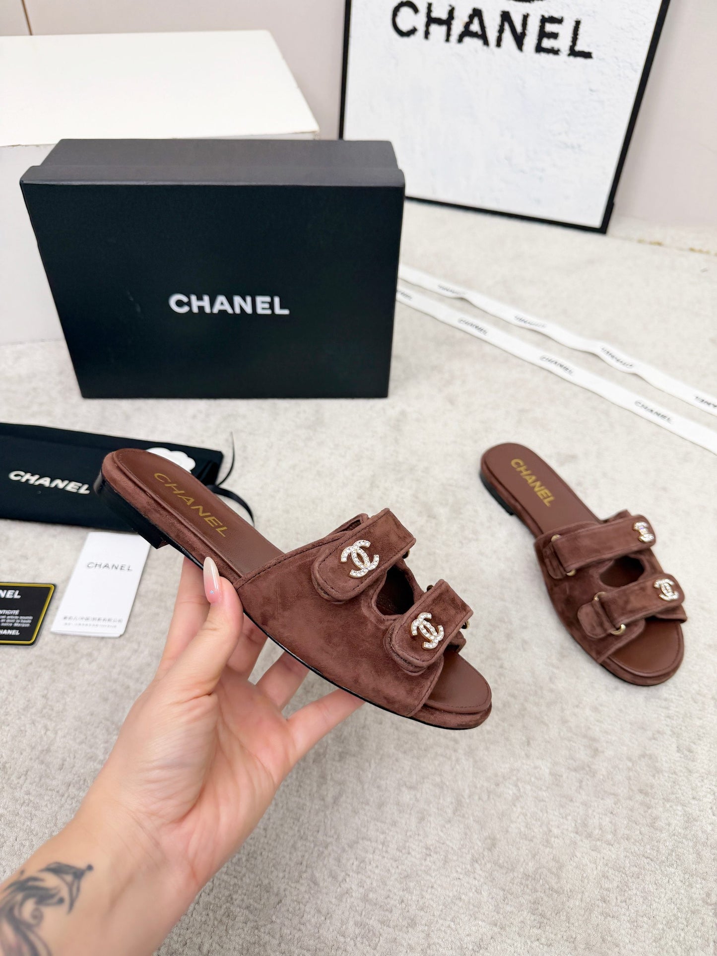 26S DOUBLE STRAP SLIDE SANDALS IN BROWN SUEDE AND CALFSKIN mysite