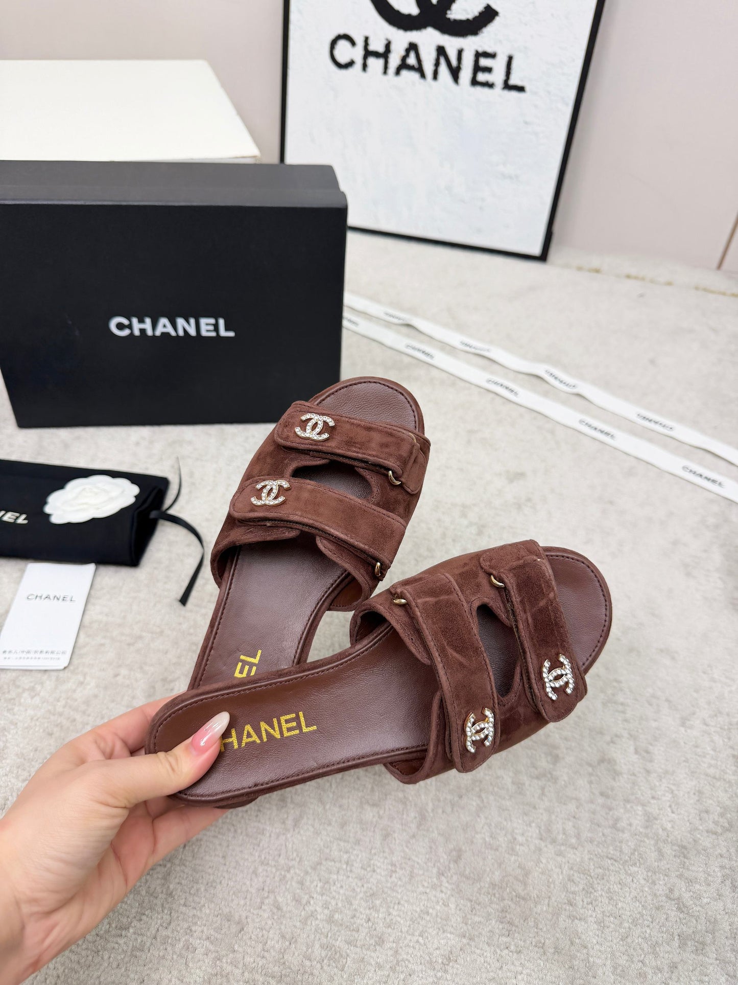 26S DOUBLE STRAP SLIDE SANDALS IN BROWN SUEDE AND CALFSKIN mysite