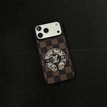 Embroidered Leather-Texture Checkerboard Phone Case with Raised Stitch Emblem-s2 mysite