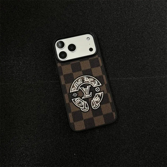 Embroidered Leather-Texture Checkerboard Phone Case with Raised Stitch Emblem-s2 mysite