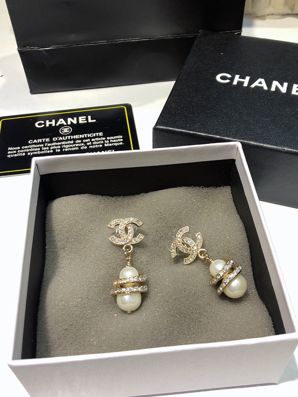 CHANEL 26S DOUBLE C LOGO PAVE CRYSTAL DROP EARRINGS WITH PEARL CHARM IN GOLD METAL 633339 mysite