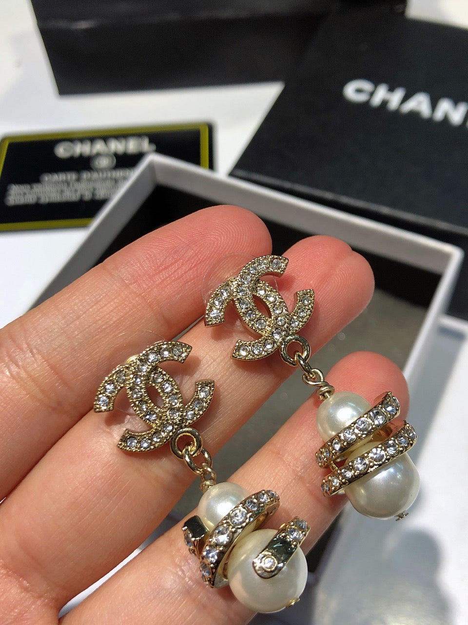 CHANEL 26S DOUBLE C LOGO PAVE CRYSTAL DROP EARRINGS WITH PEARL CHARM IN GOLD METAL 633339 mysite