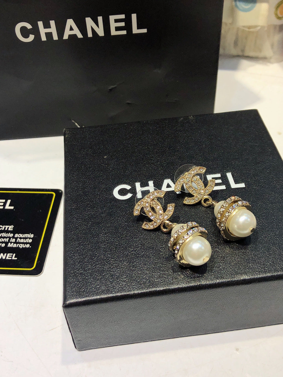 CHANEL 26S DOUBLE C LOGO PAVE CRYSTAL DROP EARRINGS WITH PEARL CHARM IN GOLD METAL 633339 mysite