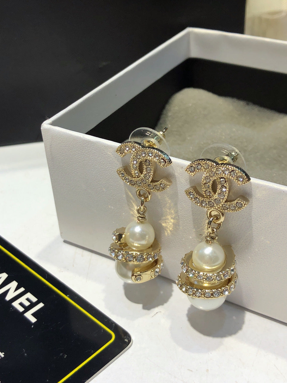 CHANEL 26S DOUBLE C LOGO PAVE CRYSTAL DROP EARRINGS WITH PEARL CHARM IN GOLD METAL 633339 mysite